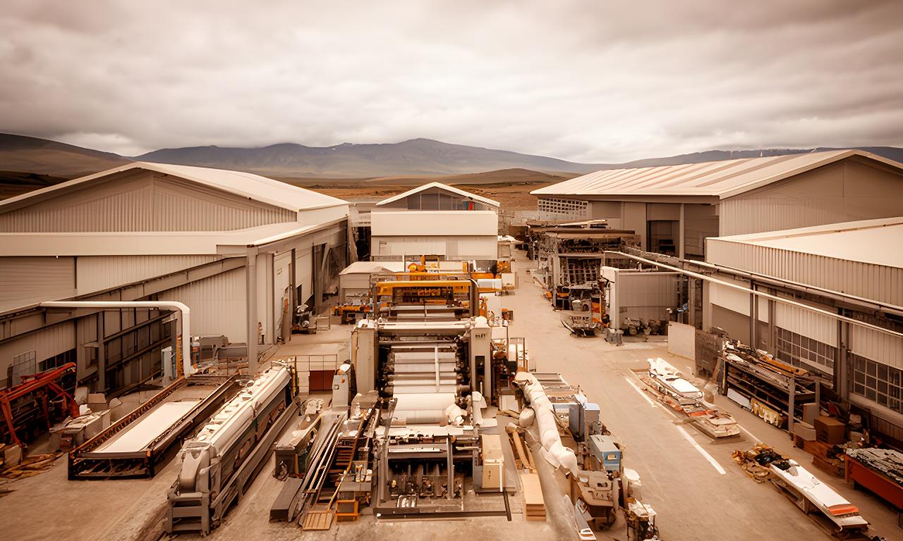Planta industrial de fibra de vidrio con equipos de fabricación y una nave ordenada en Río Gallegos