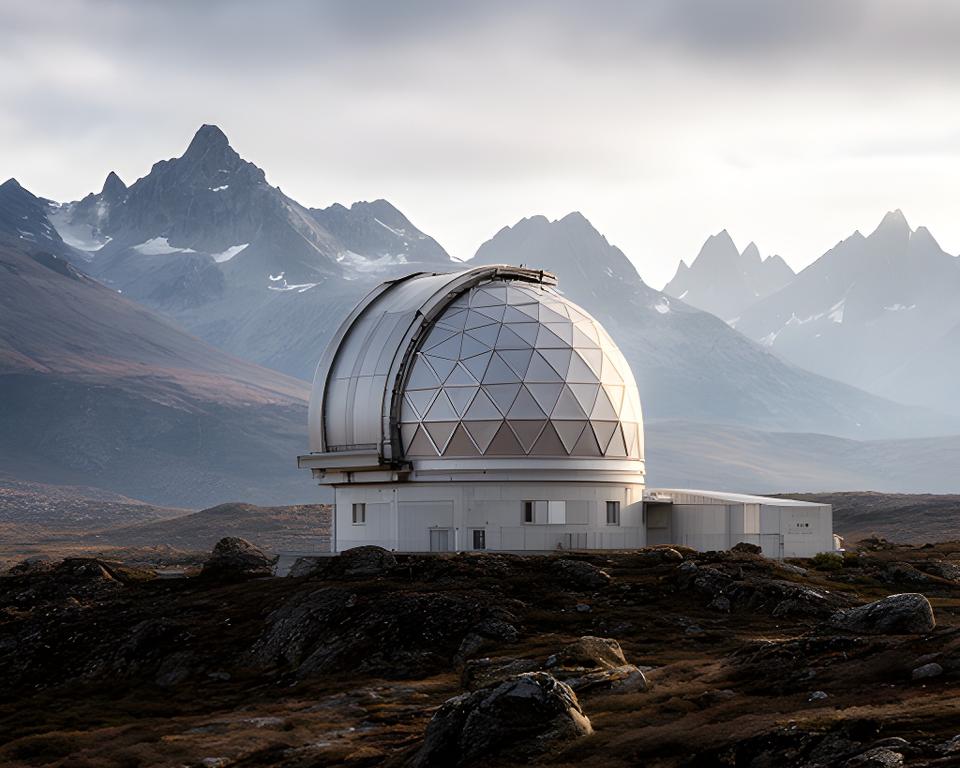 Domo geodésico de paneles triangulares instalados sobre una base de observatorio en un paisaje patagónico